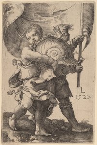 Dwóch chłopców z kaskiem i sztandarem autorstwa Lucas van Leyden