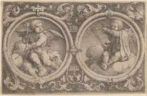 Dwa amorki siedzące na chmurach w dwóch kręgach autorstwa Lucas van Leyden