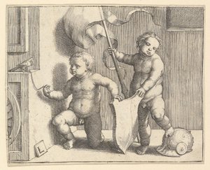 Dwoje nagich dzieci podtrzymujących pustą tarczę, ca. 1510.