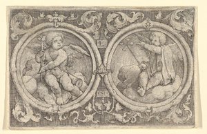 Dwóch Putti siedzących w chmurach w kręgach z wąsami, 1517. autorstwa Lucas van Leyden