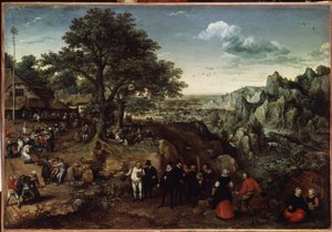 Krajobraz ze świętowaniem kraju (Krajobraz ze świętowaniem kraju). Obraz Lucasa van Valckenborcha (1530-1597). Olej na płótnie, 48,5 x 73,4 cm, koniec 1580, początek 1590. Sztuka holenderska, sztuka barokowa. Muzeum Ermitażu w Sankt Petersburgu. autorstwa Lucas van Valckenborch