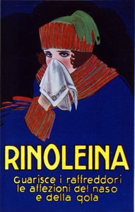 Reklama leku Rinoleina na przeziębienie, ból gardła i kaszel. Ilustracja autorstwa Lucien Achille Mauzan (1883 - 1952).