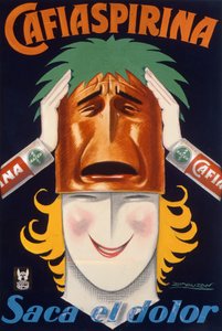 Plakat wyprodukowany w Argentynie w celu reklamowania aspiryny Cafiaspirina (kolorowa lita)