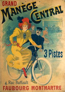 Grand Manege Central, plakat reklamowy toru rowerowego przedstawiający kobietę na rowerze autorstwa Lucien Baylac