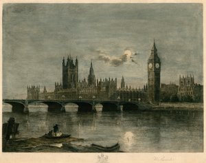 Westminster w nocy kolorowany grawerunek autorstwa Lucien Marcelin Gautier