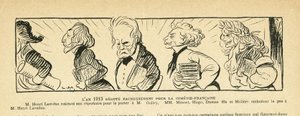 Ilustracja w Le Rire, 04.01.2013 - rok 1913... - Teatr, Comedie francaise - Hugo Victor, Dumas Alexandre (syn), Lavedan Henri (1859-1940), Guitry Sacha, Musset Alfred, Moliere (rycina) autorstwa Lucien Metivet