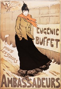 Vintage plakat francuskiej piosenkarki Eugenie Buffet spacerującej po śniegu autorstwa Lucien Metivet