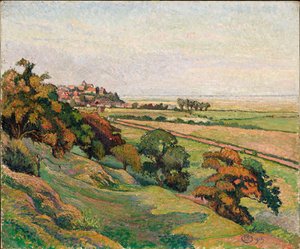 Żyto z Cadborough, zachód słońca autorstwa Lucien Pissarro