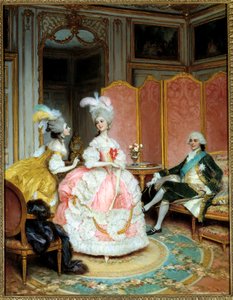 Prostytucja: „”Śliczna kurtyzana”” Młoda kobieta przedstawiona dżentelmenowi w prywatnym salonie w XVIII wieku przez swatkę. Obraz Lucjusza Rossiego (1846-1913)