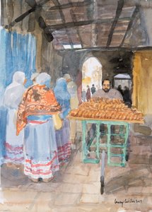 Sprzedawca bajgli na Starym Mieście, Jerozolima, 2019 (w/c na papierze) autorstwa Lucy Willis