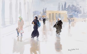 Pielgrzymi na Wzgórzu Świątynnym, Jerozolima, 2019 (w/c na papierze) autorstwa Lucy Willis