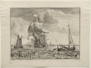 Scena morska z Amsterdamem w oddali, 1701. autorstwa Ludolf Backhuysen