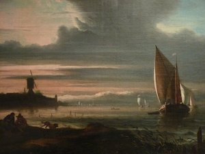 Niemcy: Wybrzeże z żaglówkami i wiatrakiem Nadburcie "Het Blauwhoofd" w Amsterdamie
 szczegół