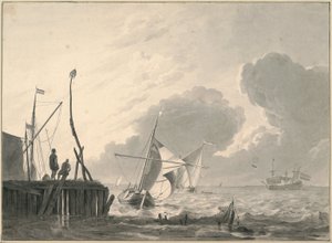 Port na morzu podczas burzy z piorunami autorstwa Ludolf Bakhuizen