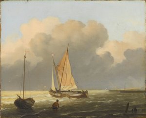 Morza u wybrzeży, z barką Spritsail