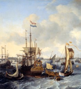 Widok na port w Amsterdamie ze szczegółami. Obraz Ludolfa Backhuysena (1631-1708) 1666 nd. 1,28x2,21 m²