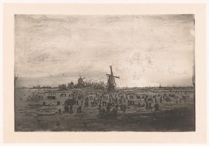 Holenderski krajobraz zimowy z wiatrakami i łyżwiarzami Holenderski zimowy krajobraz z wiatrakami i łyżwiarzami autorstwa Ludovic Napoléon Lepic