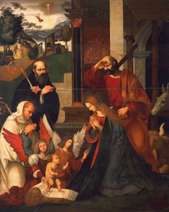 Boże Narodzenie ze św. Bernardem i św. Alberico, ok. 1505-1510, autorstwa Ludovico Mazzolino (ok. 1480-ok. 1530), olej na płótnie, 219x176 cm
