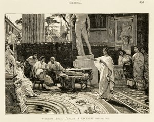 Mecenas słuchający Wergiliusza czytającego Eneidę, ilustracja Lodovico Pogliaghiego (1857-1950) do wczesnej historii Rzymu, Francesco Bertolini (1836-1909), wydanie Fratelli Treves, Mediolan
