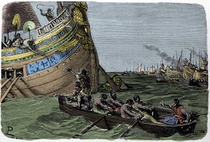 Marc Antoine (83-30 pne) dołącza do Kleopatry (51-30 pne) w locie po porażce w bitwie pod Akcjum 2/09/31 pne, ilustracja Ludovico Pogliaghi z „Storia d