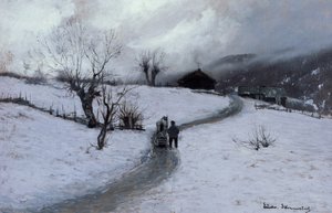 Mężczyzna z koniem i saniami autorstwa Ludvig Skramstad