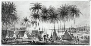 Port Hanarourou na Wyspach Sandwich, z „Podróży Pittoresque dookoła świata”, grawerowany przez G. Langlume (fl.1822-40) 1822 autorstwa Ludwig Choris