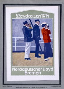 Plakat przedstawiający pokład statku wycieczkowego autorstwa Ludwig Hohlwein