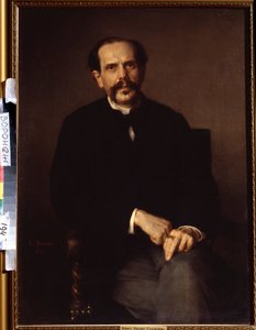 ""Portret mężczyzny"" Ubrany jest w czarny garnitur, na palcu ma sygnet. Obraz Ludwiga Knausa (1829-1910) Iwan Kramskoj (lub Kramskoj) Muzeum Sztuk Pięknych w Woroneżu (Woroneż), Rosja. autorstwa Ludwig Knaus
