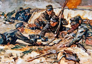 Wnoszenie racji żywnościowych do austriackich okopów pod ostrzałem rosyjskiej artylerii autorstwa Ludwig Putz