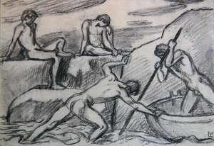 Nagi wioślarz i młodzież na zielonym brzegu (grafit na papierze) autorstwa Ludwig von Hofmann