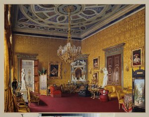 Sala Lyons (Żółta Sala Rysunkowa) Wielkiego Pałacu Carskiego Sioła (Rosja). Praca Luigi Premazzi (1814-1891), akwarela na papierze autorstwa Luigi Premazzi