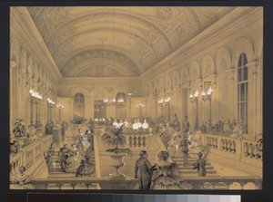 Schody Teatru Cesarskiego Bolchoi Kammeny w Sankt Petersburgu. Grafika: Luigi Premazzi (1814-1891), akwarela i biały na papierze, ok. 1850 r. Sztuka włoska autorstwa Luigi Premazzi