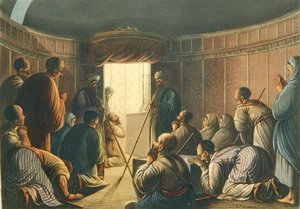 Wejście do Kaplicy Grobu Świętego, z „Widoków w Palestynie”, drukowany Londyn 1804 (kolor lito) autorstwa Luigi (after) Mayer