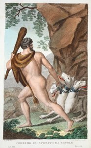 Herkules i Cerber lub Cerbero Incatenato da Ercole, księga VII, ilustracja z Metamorfoz Owidiusza, Florencja, 1832 (rycina ręcznie kolorowana) autorstwa Luigi Ademollo