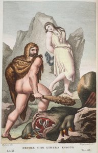 Herkules ratuje Hesione lub Ercole che Libera Enione, Księga XI, ilustracja z Metamorfoz Owidiusza, Florencja, 1832 (rycina ręcznie kolorowana) autorstwa Luigi Ademollo