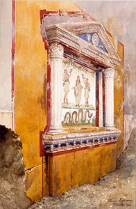 Lararium ołtarza rodzinnego, widziane in situ po wykopaliskach, Dom Aulus Vettius, Pompeje, c.36-39 AD, 1895