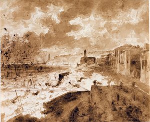 Wybrzeże w Genui, podczas przypływów w 1821 r. (Akwarela, ok. 1821 r.) autorstwa Luigi Garibbo