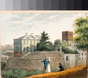 Widok na bastiony i dzwonnicę Santo Stefano, Genua (Akwarela, ok. 1825) autorstwa Luigi Garibbo