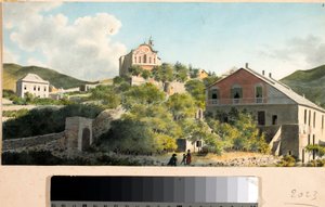 Widok na wzgórze i kościół Oregina, Genua (akwarela, ok. 1825) autorstwa Luigi Garibbo