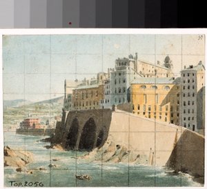Widok murów na morze w Genui (Akwarela, ok. 1822) autorstwa Luigi Garibbo