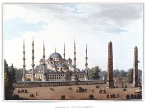Meczet Sułtana Ahmeda (1609-1616), Stambuł. w „”Widoki w dominiach osmańskich, w Europie, Azji i niektórych wyspach Morza Śródziemnego””” z oryginalnych rysunków wykonanych przez Luigiego Mayera, Londyn autorstwa Luigi Mayer
