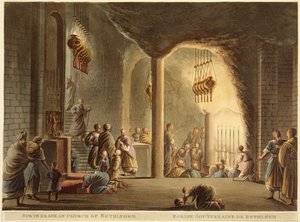 Podziemny kościół Betlejem, z „Widoków Palestyny”, tom II, wyd. R. Bowyer Historic Gallery, Londyn, 1803 (kolorowa akwatinta) autorstwa Luigi Mayer
