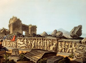 Turcja, Efez, Europejczycy oglądający marmurowe płaskorzeźby, Luigi Mayer, Grawerowanie autorstwa Luigi Mayer