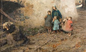 Szkoła bólu Dzieci patrzące na płaczącą matkę Malarstwo Luigi Rossi (1853-1923) 1895 Kolekcja prywatna