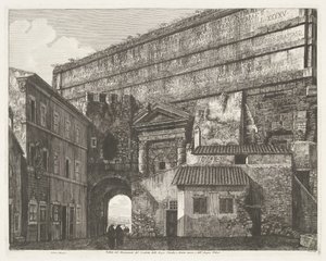 Porta Maggiore w Rzymie Widok na pomnik Condotto delle Acque Claudia, Anione Nuovo i Acqua Felice (tytuł na obiekcie)