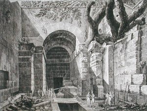 Rzymskie szczątki w Castel Gandolfo nad jeziorem Albano, z „Starożytności konturów Rzymu”, opublikowanej w latach 1824-26 (akwaforta)