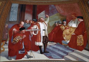 Galilea dit Galileo Galilei (1564-1642) w obecności Doży. Naukowiec prezentuje teleskop w Senacie Weneckim w dzwonnicy Placu św. Marka. Obraz Luigi Sabatelli (1772-1850). Fresk. Firenze, Tribuna Galileiana