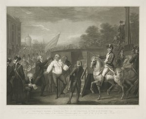 Lodewijk XVI bij het schavot Spokojne i opanowane zachowanie Lewisa XVI po rozstaniu ze spowiednikiem Edgeworthem / chwilę przed postawieniem okresu jego egzystencji 21 stycznia 1793 (tytuł na obiekcie) autorstwa Luigi Schiavonetti
