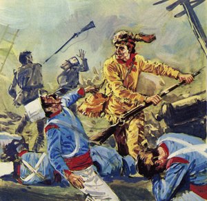 Davy Crockett ostatecznie padł ofiarą nieustannych meksykańskich ataków (kolorowa litografia) autorstwa Luis Arcas Brauner