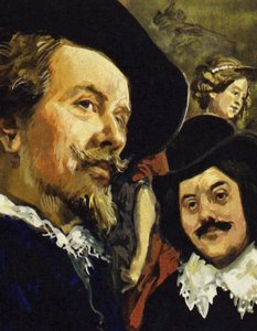 Hals spotkał Paula Rubensa (po lewej) podczas podróży do Antwerpii (kolorowa litografia) autorstwa Luis Arcas Brauner